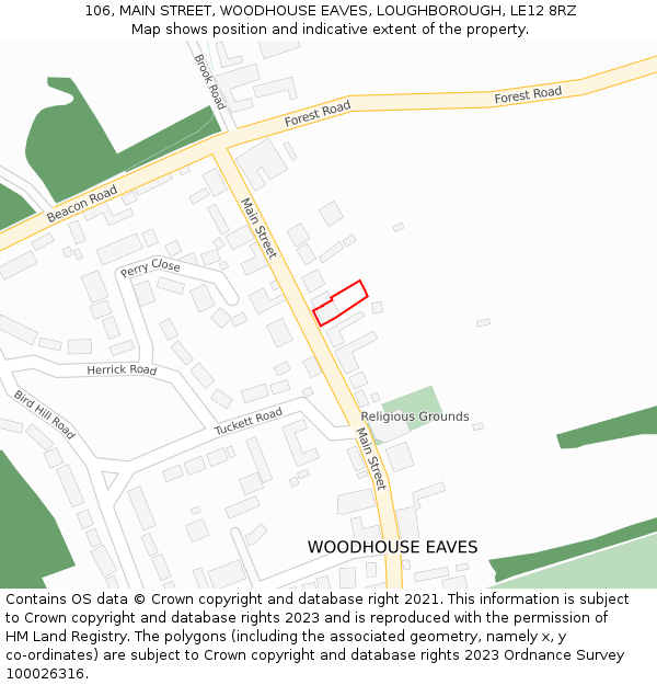 106, MAIN STREET, WOODHOUSE EAVES, LOUGHBOROUGH, LE12 8RZ: Location map and indicative extent of plot