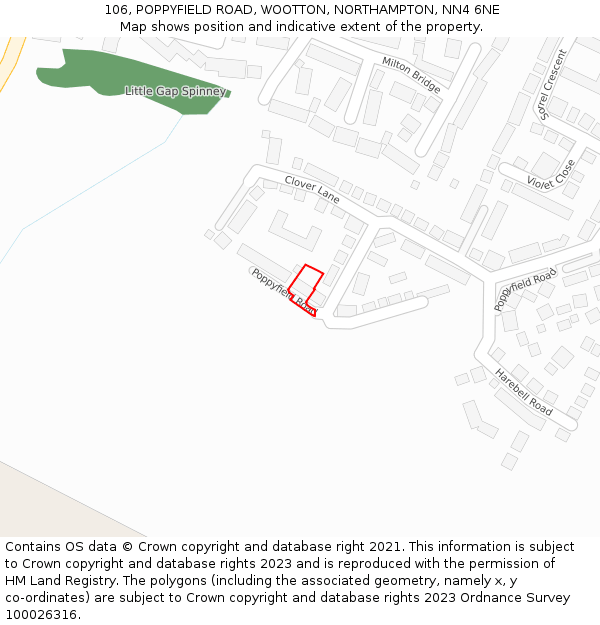 106, POPPYFIELD ROAD, WOOTTON, NORTHAMPTON, NN4 6NE: Location map and indicative extent of plot