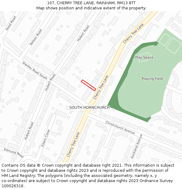 107, CHERRY TREE LANE, RAINHAM, RM13 8TT: Location map and indicative extent of plot