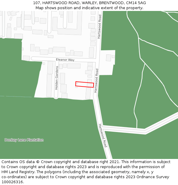 107, HARTSWOOD ROAD, WARLEY, BRENTWOOD, CM14 5AG: Location map and indicative extent of plot