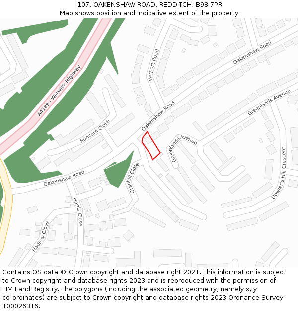107, OAKENSHAW ROAD, REDDITCH, B98 7PR: Location map and indicative extent of plot