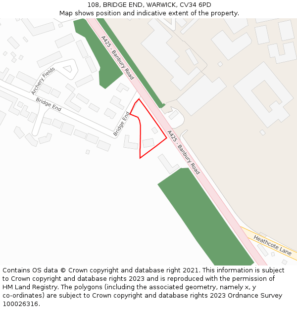 108, BRIDGE END, WARWICK, CV34 6PD: Location map and indicative extent of plot