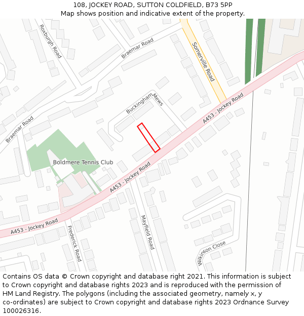 108, JOCKEY ROAD, SUTTON COLDFIELD, B73 5PP: Location map and indicative extent of plot