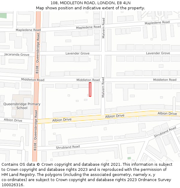 108, MIDDLETON ROAD, LONDON, E8 4LN: Location map and indicative extent of plot