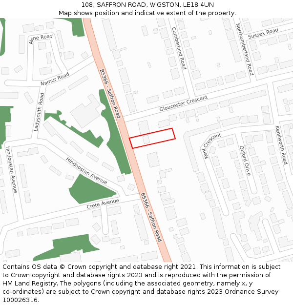 108, SAFFRON ROAD, WIGSTON, LE18 4UN: Location map and indicative extent of plot