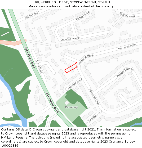 108, WERBURGH DRIVE, STOKE-ON-TRENT, ST4 8JN: Location map and indicative extent of plot