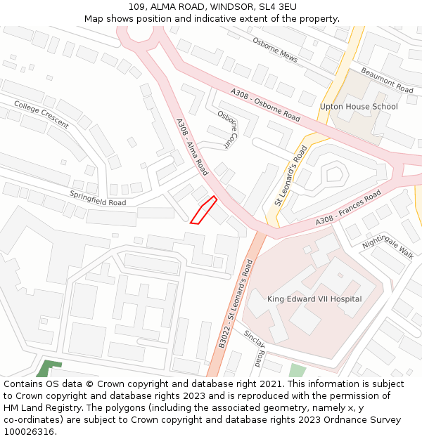 109, ALMA ROAD, WINDSOR, SL4 3EU: Location map and indicative extent of plot