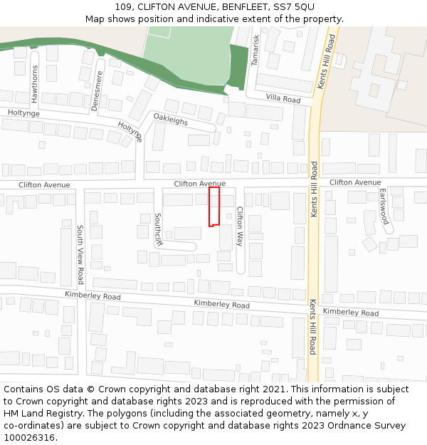 109, CLIFTON AVENUE, BENFLEET, SS7 5QU: Location map and indicative extent of plot