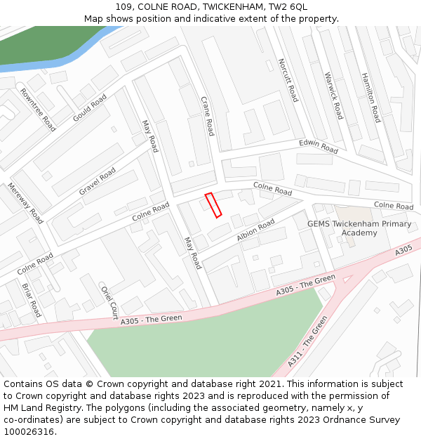 109, COLNE ROAD, TWICKENHAM, TW2 6QL: Location map and indicative extent of plot