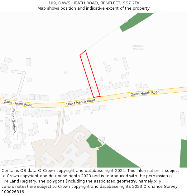 109, DAWS HEATH ROAD, BENFLEET, SS7 2TA: Location map and indicative extent of plot