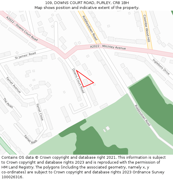 109, DOWNS COURT ROAD, PURLEY, CR8 1BH: Location map and indicative extent of plot