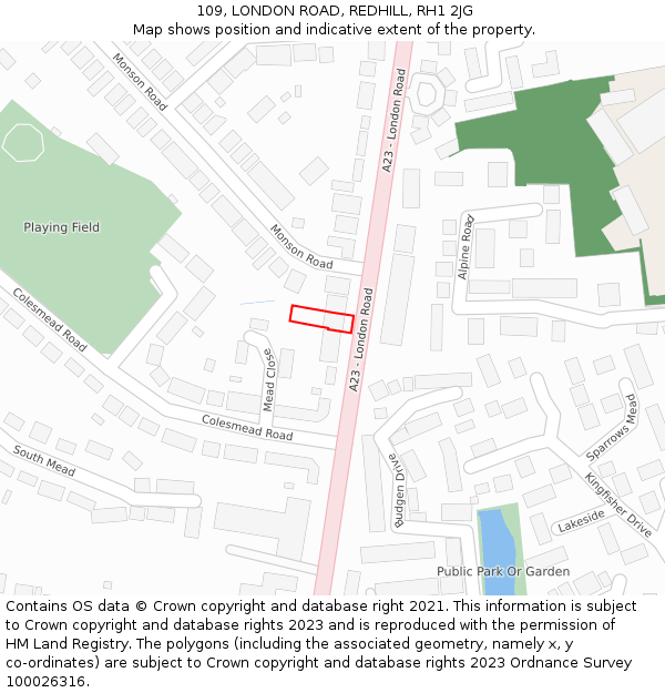 109, LONDON ROAD, REDHILL, RH1 2JG: Location map and indicative extent of plot