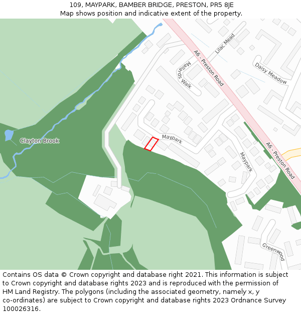 109, MAYPARK, BAMBER BRIDGE, PRESTON, PR5 8JE: Location map and indicative extent of plot