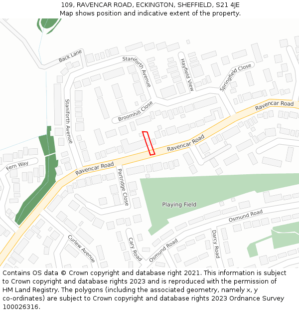 109, RAVENCAR ROAD, ECKINGTON, SHEFFIELD, S21 4JE: Location map and indicative extent of plot