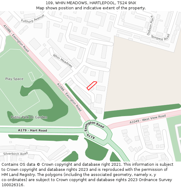 109, WHIN MEADOWS, HARTLEPOOL, TS24 9NX: Location map and indicative extent of plot