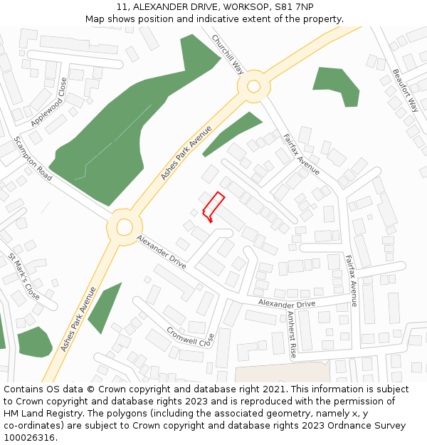 11, ALEXANDER DRIVE, WORKSOP, S81 7NP: Location map and indicative extent of plot