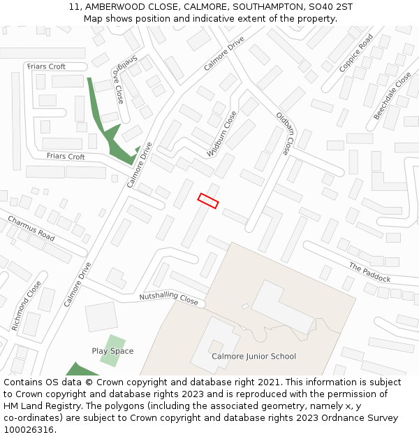 11, AMBERWOOD CLOSE, CALMORE, SOUTHAMPTON, SO40 2ST: Location map and indicative extent of plot