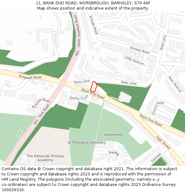 11, BANK END ROAD, WORSBROUGH, BARNSLEY, S70 4AF: Location map and indicative extent of plot