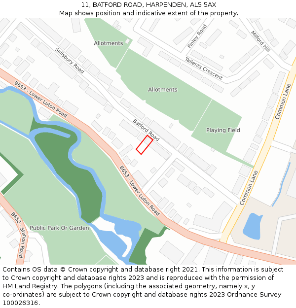 11, BATFORD ROAD, HARPENDEN, AL5 5AX: Location map and indicative extent of plot