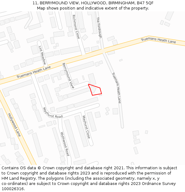 11, BERRYMOUND VIEW, HOLLYWOOD, BIRMINGHAM, B47 5QF: Location map and indicative extent of plot