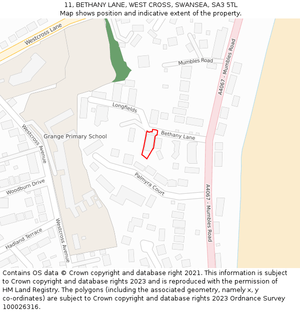 11, BETHANY LANE, WEST CROSS, SWANSEA, SA3 5TL: Location map and indicative extent of plot