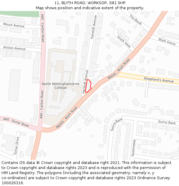 11, BLYTH ROAD, WORKSOP, S81 0HP: Location map and indicative extent of plot