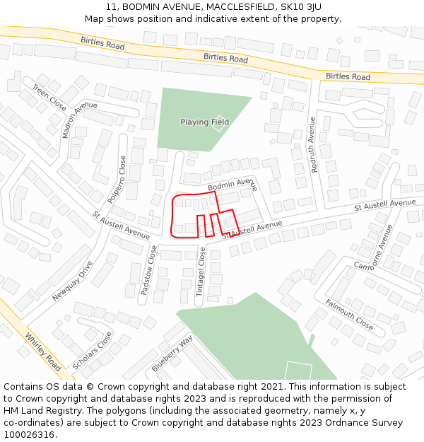 11, BODMIN AVENUE, MACCLESFIELD, SK10 3JU: Location map and indicative extent of plot