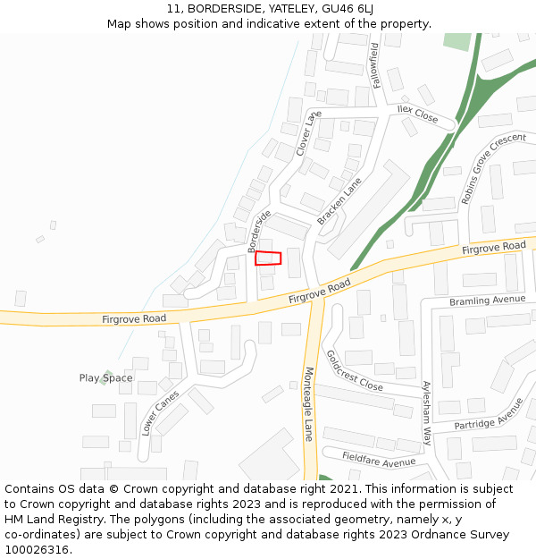 11, BORDERSIDE, YATELEY, GU46 6LJ: Location map and indicative extent of plot