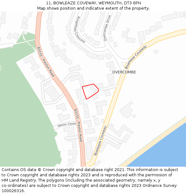 11, BOWLEAZE COVEWAY, WEYMOUTH, DT3 6PN: Location map and indicative extent of plot