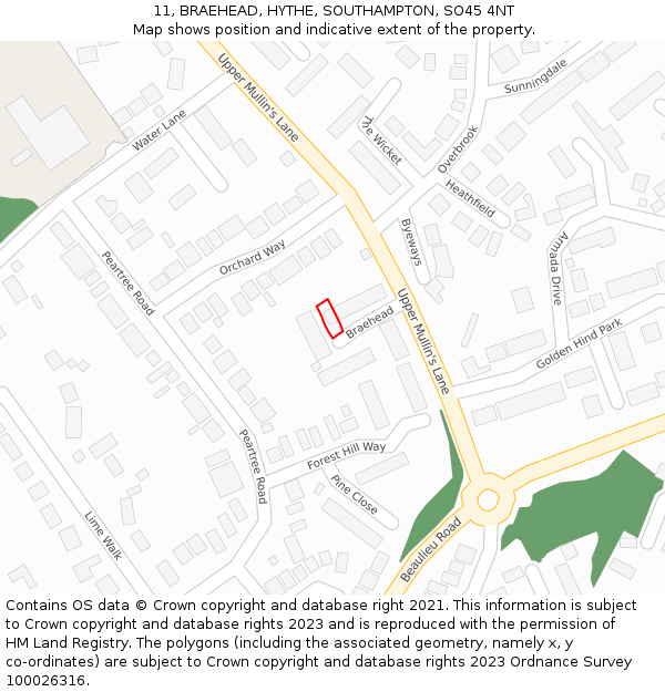 11, BRAEHEAD, HYTHE, SOUTHAMPTON, SO45 4NT: Location map and indicative extent of plot