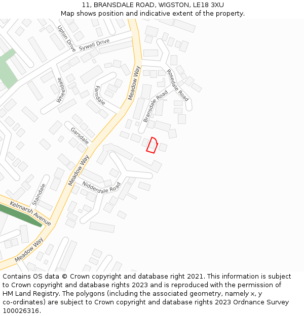 11, BRANSDALE ROAD, WIGSTON, LE18 3XU: Location map and indicative extent of plot