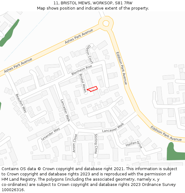 11, BRISTOL MEWS, WORKSOP, S81 7RW: Location map and indicative extent of plot