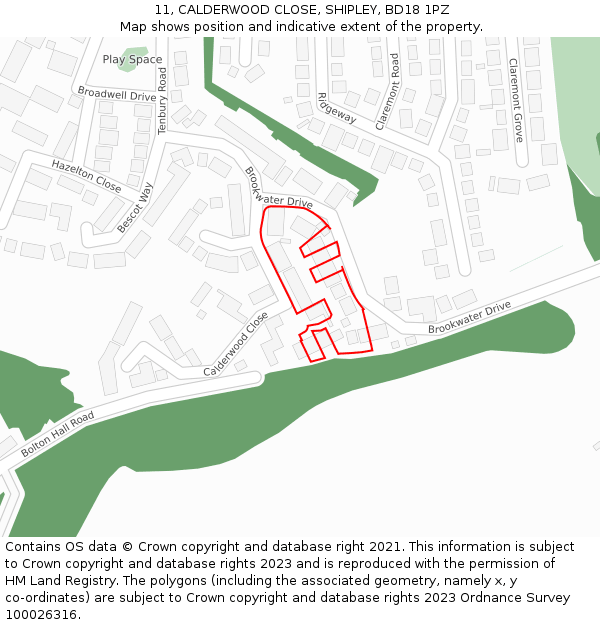 11, CALDERWOOD CLOSE, SHIPLEY, BD18 1PZ: Location map and indicative extent of plot