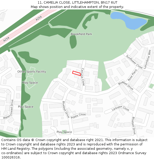 11, CAMELIA CLOSE, LITTLEHAMPTON, BN17 6UT: Location map and indicative extent of plot