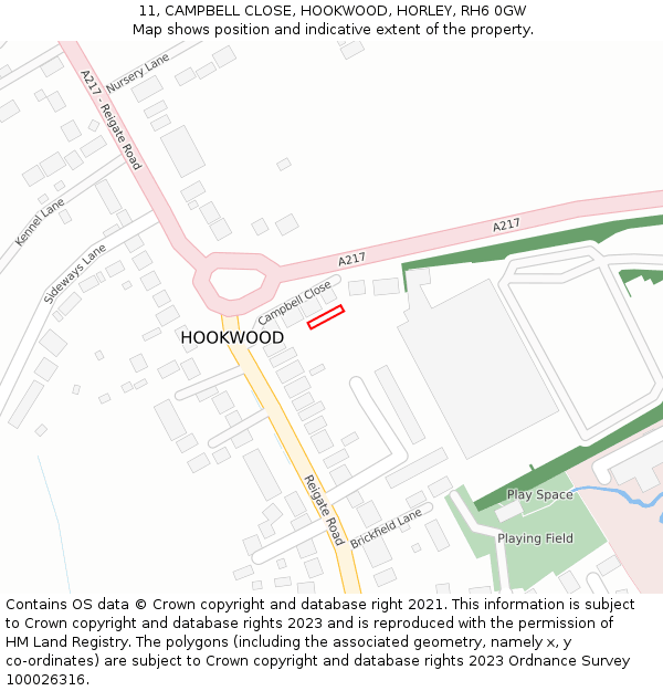 11, CAMPBELL CLOSE, HOOKWOOD, HORLEY, RH6 0GW: Location map and indicative extent of plot