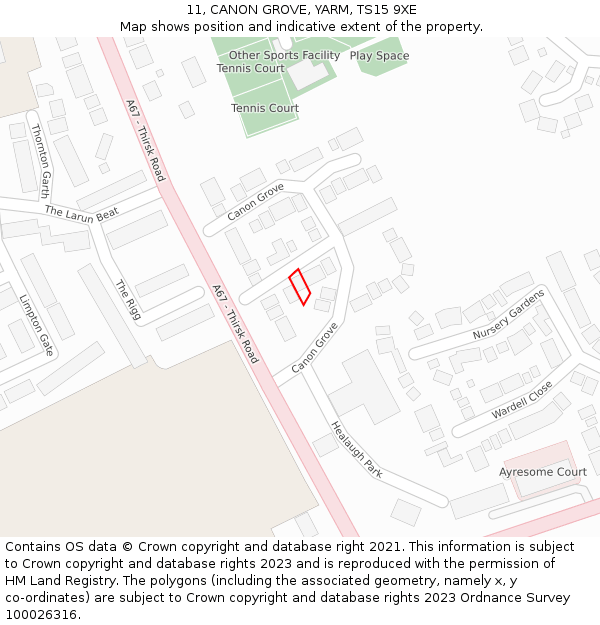 11, CANON GROVE, YARM, TS15 9XE: Location map and indicative extent of plot