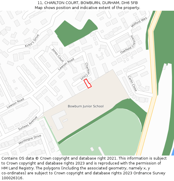 11, CHARLTON COURT, BOWBURN, DURHAM, DH6 5FB: Location map and indicative extent of plot