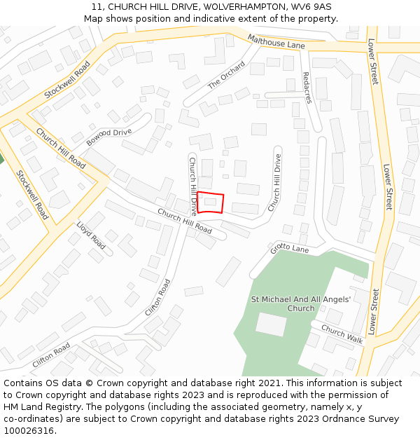 11, CHURCH HILL DRIVE, WOLVERHAMPTON, WV6 9AS: Location map and indicative extent of plot