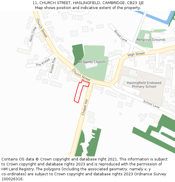 11, CHURCH STREET, HASLINGFIELD, CAMBRIDGE, CB23 1JE: Location map and indicative extent of plot