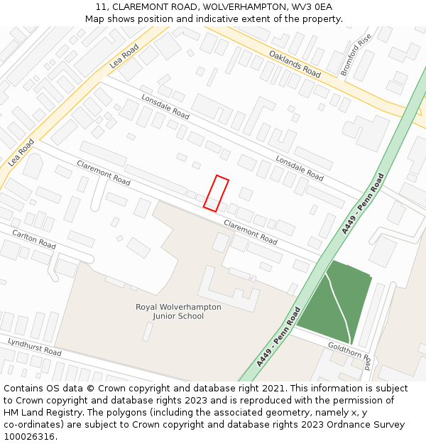 11, CLAREMONT ROAD, WOLVERHAMPTON, WV3 0EA: Location map and indicative extent of plot