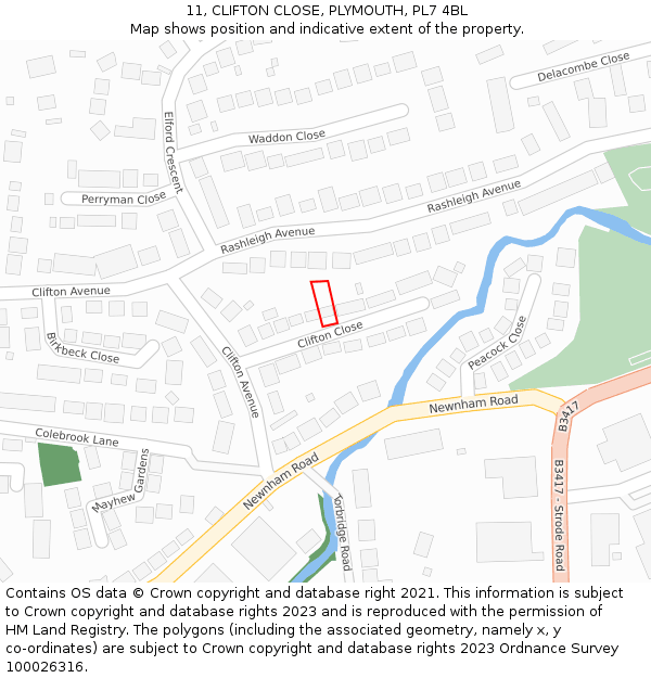 11, CLIFTON CLOSE, PLYMOUTH, PL7 4BL: Location map and indicative extent of plot