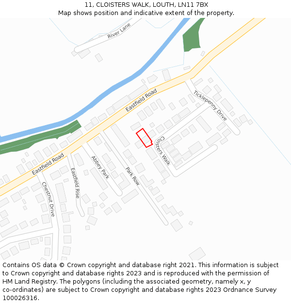 11, CLOISTERS WALK, LOUTH, LN11 7BX: Location map and indicative extent of plot