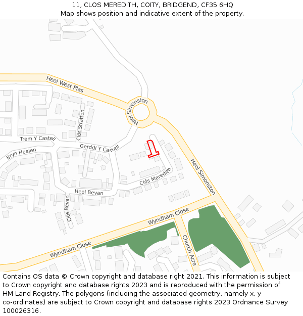 11, CLOS MEREDITH, COITY, BRIDGEND, CF35 6HQ: Location map and indicative extent of plot