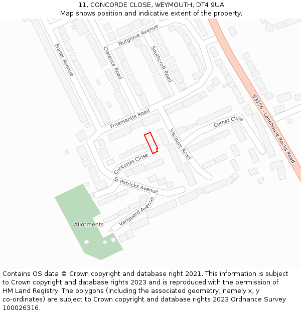 11, CONCORDE CLOSE, WEYMOUTH, DT4 9UA: Location map and indicative extent of plot