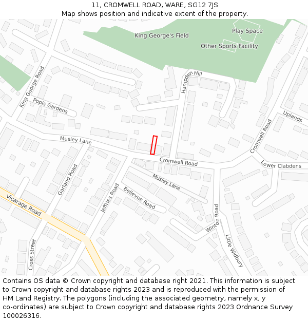 11, CROMWELL ROAD, WARE, SG12 7JS: Location map and indicative extent of plot
