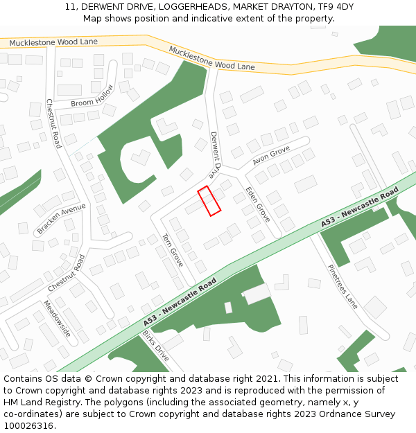 11, DERWENT DRIVE, LOGGERHEADS, MARKET DRAYTON, TF9 4DY: Location map and indicative extent of plot