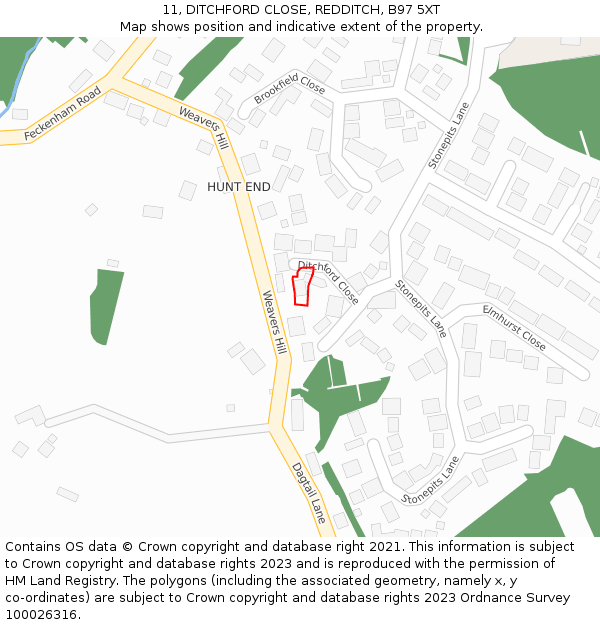 11, DITCHFORD CLOSE, REDDITCH, B97 5XT: Location map and indicative extent of plot