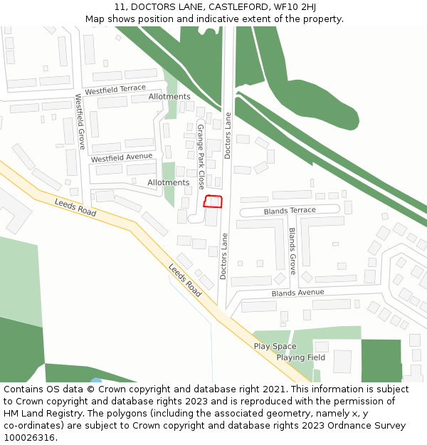 11, DOCTORS LANE, CASTLEFORD, WF10 2HJ: Location map and indicative extent of plot