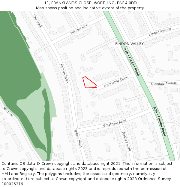 11, FRANKLANDS CLOSE, WORTHING, BN14 0BD: Location map and indicative extent of plot