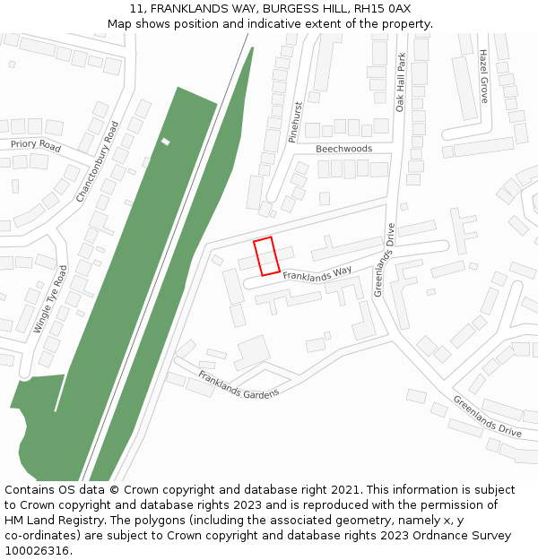 11, FRANKLANDS WAY, BURGESS HILL, RH15 0AX: Location map and indicative extent of plot